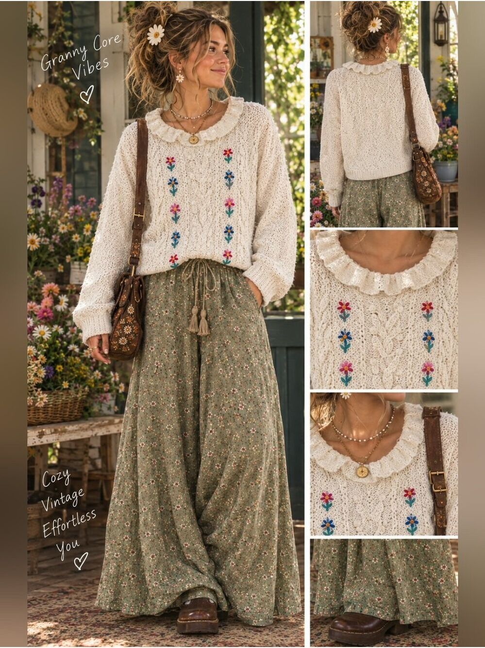VTG Handmade Cream Floral Embroidered Cable-Knit Women's Sweater